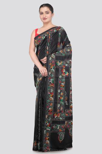 black handloom silk embroidered katha stitch work saree with blouse piece