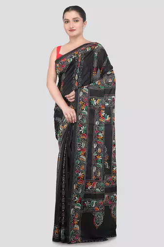 black handloom silk embroidered katha stitch work saree with blouse piece