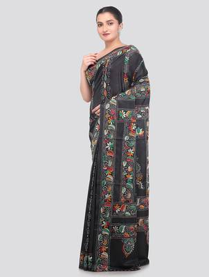 black handloom silk embroidered katha stitch work saree with blouse piece 2