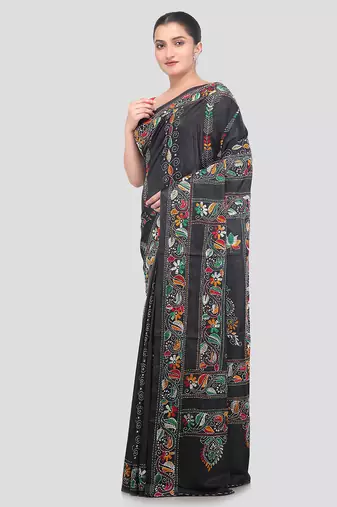 black handloom silk embroidered katha stitch work saree with blouse piece