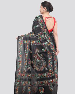 black handloom silk embroidered katha stitch work saree with blouse piece 3