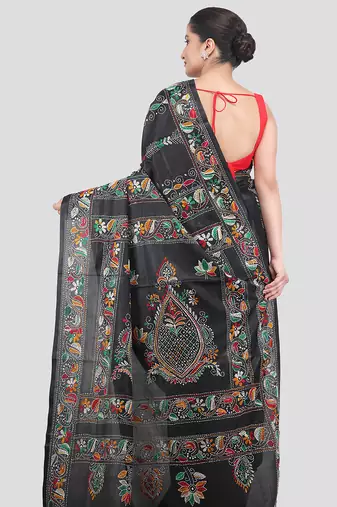 black handloom silk embroidered katha stitch work saree with blouse piece