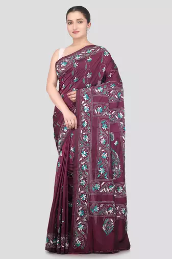 wine handloom silk embroidered katha stitch work saree with blouse piece
