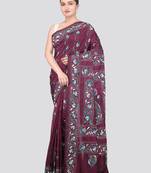 wine handloom silk embroidered katha stitch work saree with blouse piece