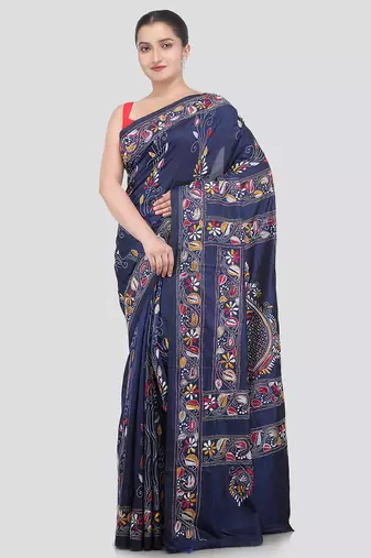 blue handloom silk embroidered katha stitch work saree with blouse piece