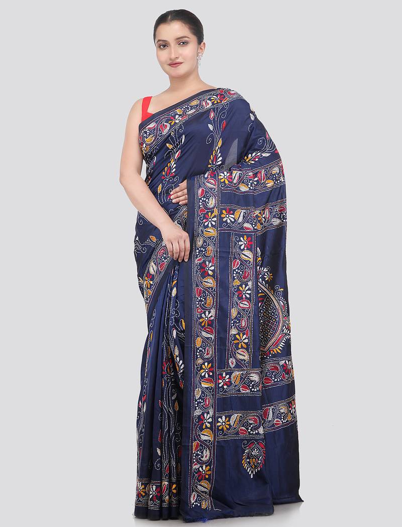 blue handloom silk embroidered katha stitch work saree with blouse piece