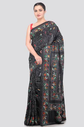 green handloom silk embroidered katha stitch work saree with blouse piece