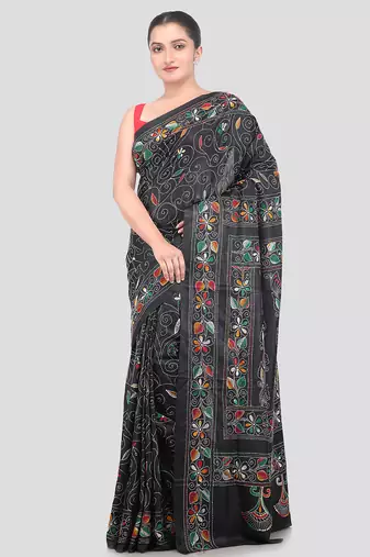 green handloom silk embroidered katha stitch work saree with blouse piece