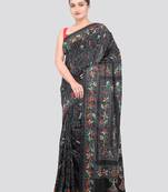 green handloom silk embroidered katha stitch work saree with blouse piece