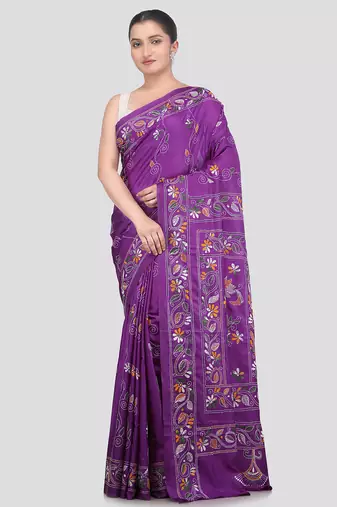 violet handloom silk embroidered katha stitch work saree with blouse piece