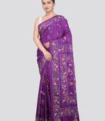 violet handloom silk embroidered katha stitch work saree with blouse piece