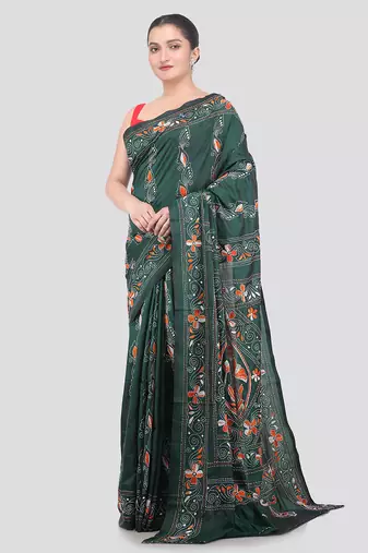 green handloom silk embroidered katha stitch work saree with blouse piece