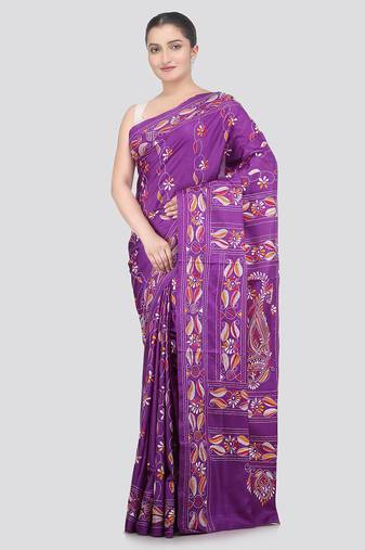 violet handloom silk embroidered katha stitch work saree with blouse piece