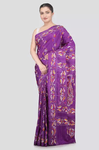 violet handloom silk embroidered katha stitch work saree with blouse piece