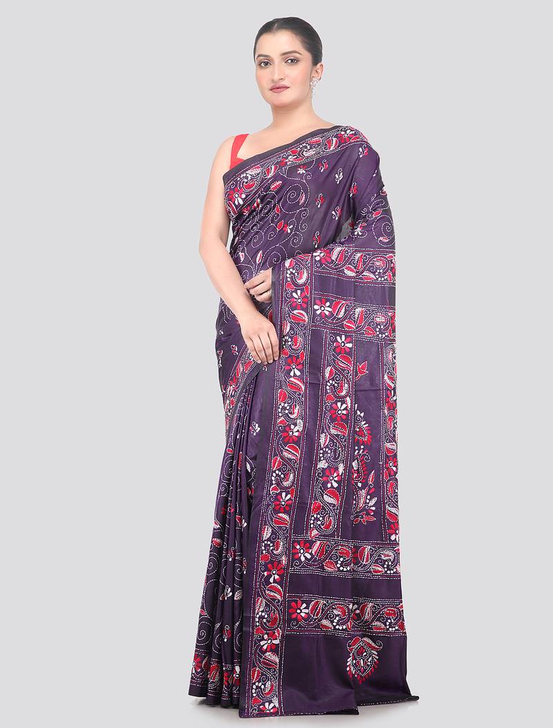 purple handloom silk embroidered katha stitch work saree with blouse piece