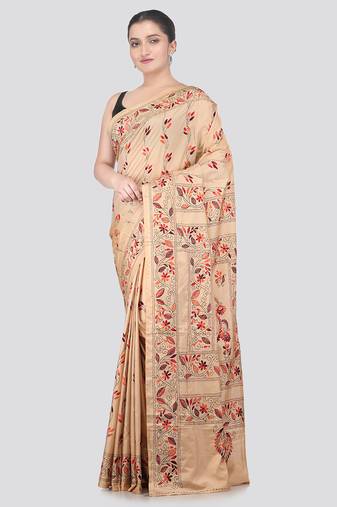 beige handloom silk embroidered katha stitch work saree with blouse piece