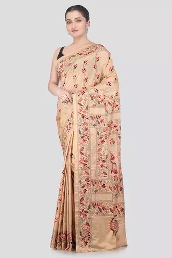 beige handloom silk embroidered katha stitch work saree with blouse piece