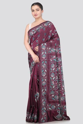 Mangenta handloom silk embroidered katha stitch work saree with blouse piece