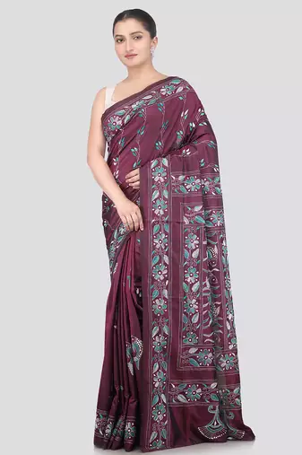 Mangenta handloom silk embroidered katha stitch work saree with blouse piece