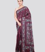 Mangenta handloom silk embroidered katha stitch work saree with blouse piece