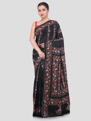 Black handloom silk embroidered katha stitch work saree with blouse piece 1