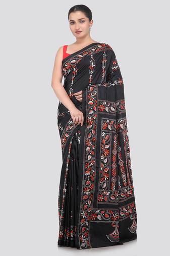 Black handloom silk embroidered katha stitch work saree with blouse piece