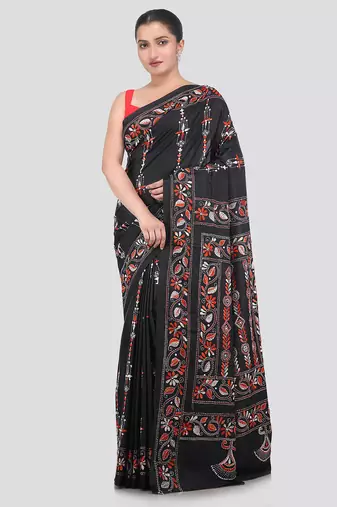 Black handloom silk embroidered katha stitch work saree with blouse piece