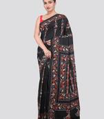 Black handloom silk embroidered katha stitch work saree with blouse piece