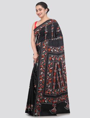 Black handloom silk embroidered katha stitch work saree with blouse piece 2