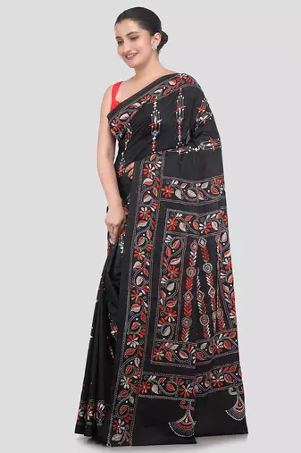 Black handloom silk embroidered katha stitch work saree with blouse piece