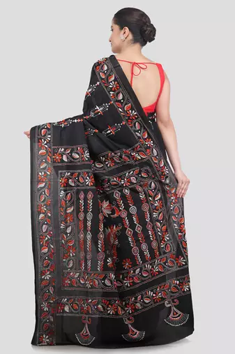 Black handloom silk embroidered katha stitch work saree with blouse piece