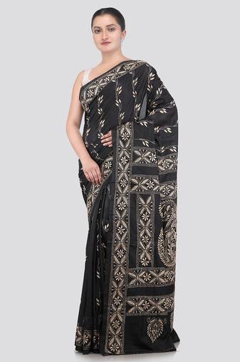 black handloom silk embroidered katha stitch work saree with blouse piece