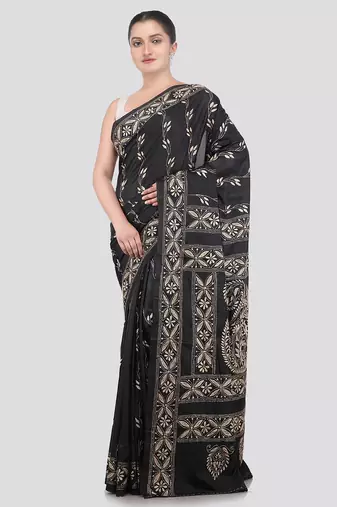 black handloom silk embroidered katha stitch work saree with blouse piece