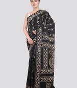 black handloom silk embroidered katha stitch work saree with blouse piece
