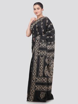 black handloom silk embroidered katha stitch work saree with blouse piece 2