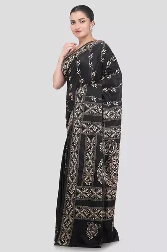 black handloom silk embroidered katha stitch work saree with blouse piece