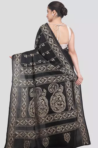 black handloom silk embroidered katha stitch work saree with blouse piece