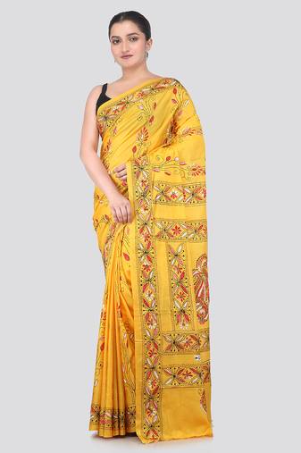 yellow handloom silk embroidered katha stitch work saree with blouse piece