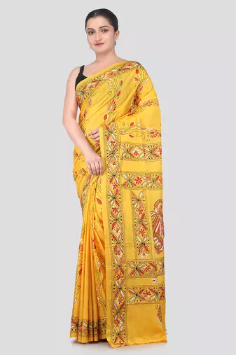 yellow handloom silk embroidered katha stitch work saree with blouse piece