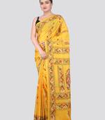 yellow handloom silk embroidered katha stitch work saree with blouse piece