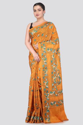 orange handloom silk embroidered katha stitch work saree with blouse piece