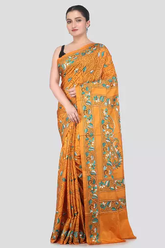 orange handloom silk embroidered katha stitch work saree with blouse piece