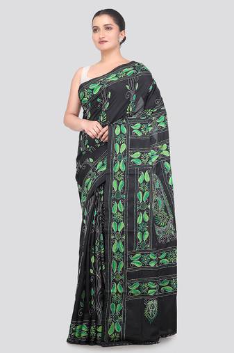 black handloom silk embroidered katha stitch work saree with blouse piece