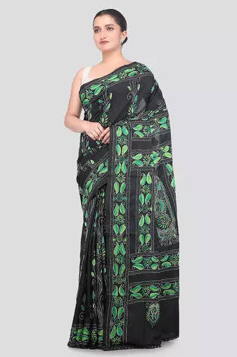 black handloom silk embroidered katha stitch work saree with blouse piece