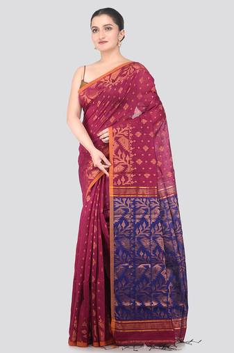 magenta handloom cotton bleand saree with blouse piece