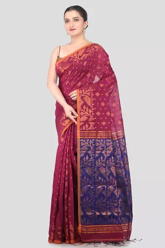 magenta handloom cotton bleand saree with blouse piece