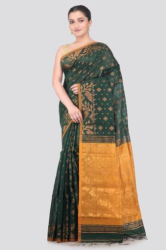 green handloom cotton bleand saree with blouse piece