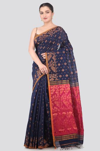blue handloom cotton bleand saree with blouse piece