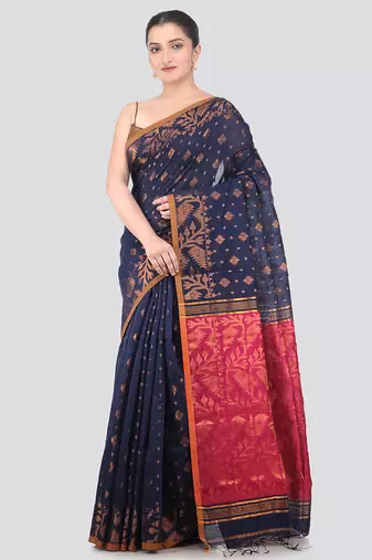 blue handloom cotton bleand saree with blouse piece
