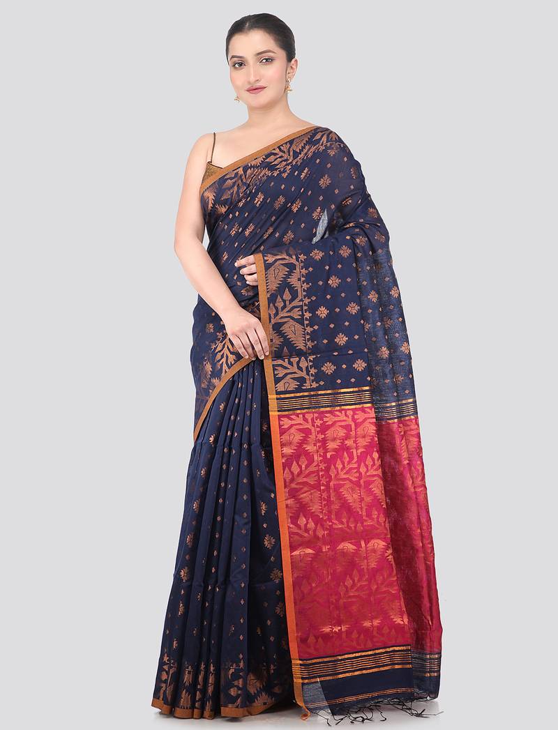 blue handloom cotton bleand saree with blouse piece